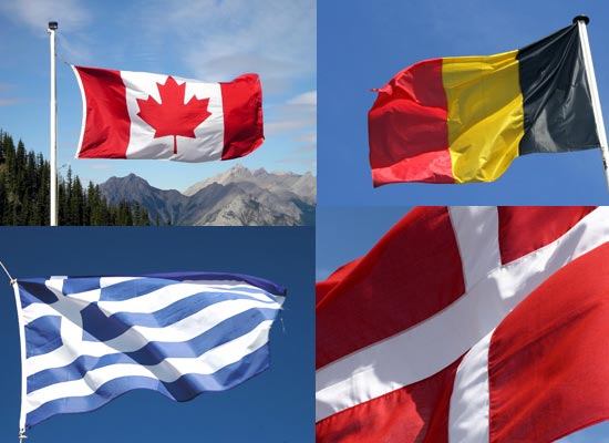 Flaggen von Kanada, Belgien, Griechenland und Dänemark