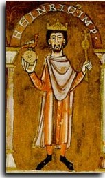 Heinrich IV. mit Zepter und Reichsapfel auf einem Bild des 11. Jahrhunderts
